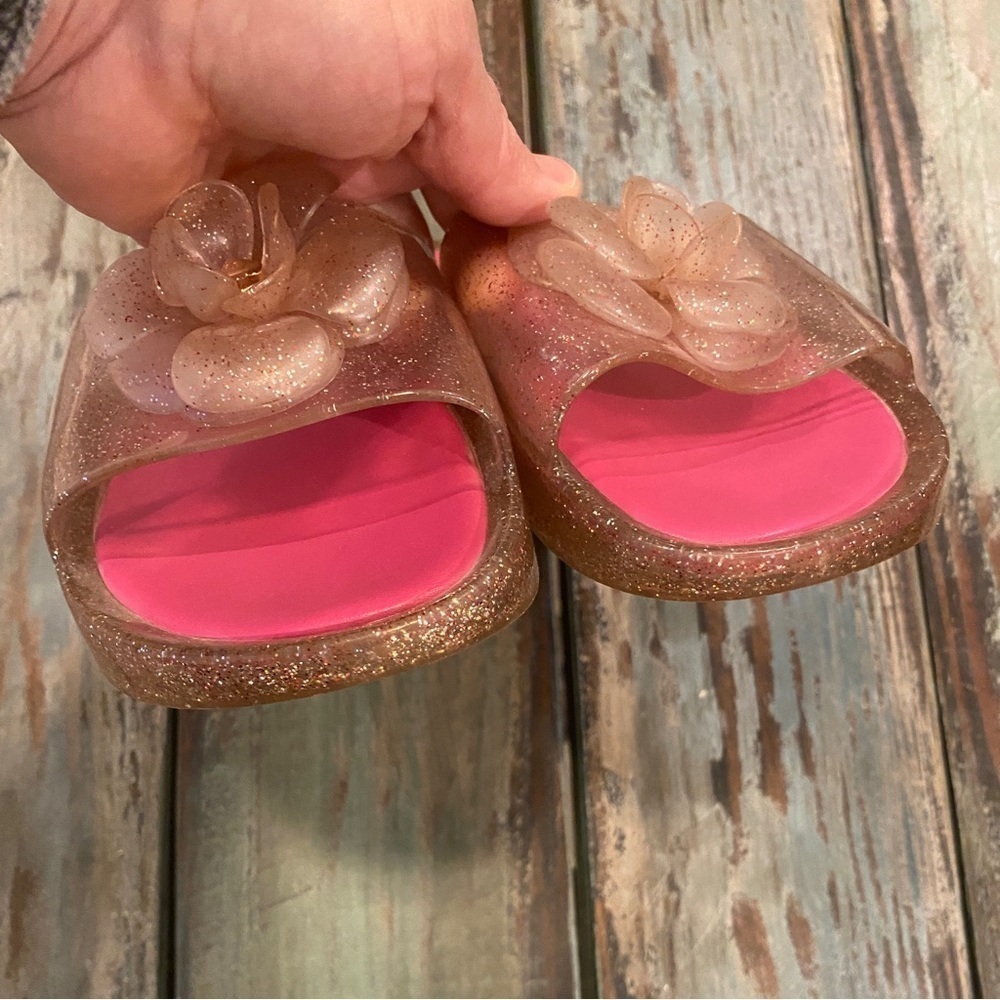 Kate Spade Splash Glitter Pink Slides Sandals 3D Floral Rosettes Logo Size 9 - Picture 4 of 9
